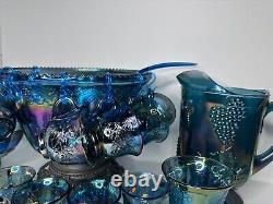 Indiana Glass Iridescent Blue Harvest Carnival Punch Bowl Full Set. Vintage