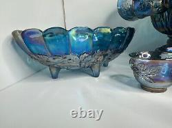 Indiana Glass Iridescent Blue Harvest Carnival Punch Bowl Full Set. Vintage