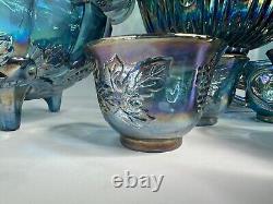 Indiana Glass Iridescent Blue Harvest Carnival Punch Bowl Full Set. Vintage