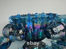 Indiana Glass Iridescent Blue Harvest Carnival Punch Bowl Full Set. Vintage