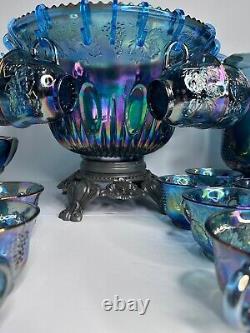 Indiana Glass Iridescent Blue Harvest Carnival Punch Bowl Full Set. Vintage