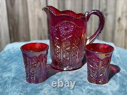 Indiana Glass Iridescent Carnival Heirloom Pitcher with 2 Tumblers, 8 1/8 H