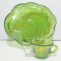 Indiana Glass Iridescent Lime Carnival Glass Harvest Snack Set 8pc 2443 RARE