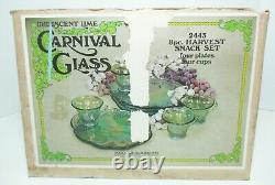 Indiana Glass Iridescent Lime Carnival Glass Harvest Snack Set 8pc 2443 RARE