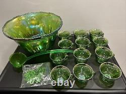 Indiana Glass Iridescent Lime Green Carnival Glass Punch Bowl 12 Cups And Ladle
