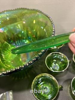 Indiana Glass Iridescent Lime Green Carnival Glass Punch Bowl 12 Cups And Ladle