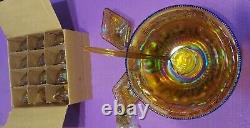 Indiana Glass Punch Bowl Carnival Iridescent Amber Gold Harvest Grape 12 cups