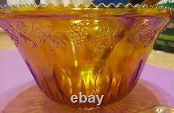 Indiana Glass Punch Bowl Carnival Iridescent Amber Gold Harvest Grape 12 cups