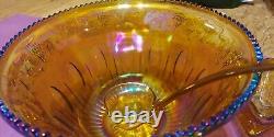 Indiana Glass Punch Bowl Carnival Iridescent Amber Gold Harvest Grape 12 cups