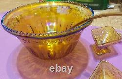 Indiana Glass Punch Bowl Carnival Iridescent Amber Gold Harvest Grape 12 cups