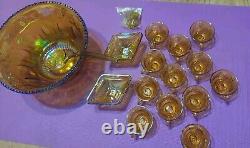 Indiana Glass Punch Bowl Carnival Iridescent Amber Gold Harvest Grape 12 cups