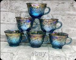 Indiana Harvest Grape Iridescent Blue Carnival Glass Punch bowl and 12 Cups