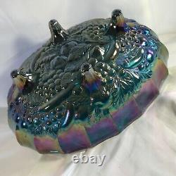 Indiana Harvest Grape Iridescent Blue Oval Footed Fruit Bowl Carnival Glass 12