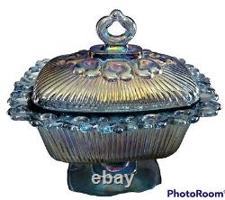 Indiana Iridescent Blue Windsor Carnival Glass Lidded Pedestal Candy Dish