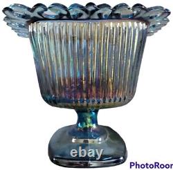 Indiana Iridescent Blue Windsor Carnival Glass Lidded Pedestal Candy Dish