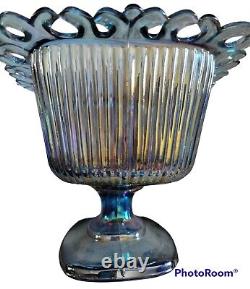 Indiana Iridescent Blue Windsor Carnival Glass Lidded Pedestal Candy Dish