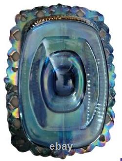 Indiana Iridescent Blue Windsor Carnival Glass Lidded Pedestal Candy Dish