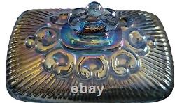 Indiana Iridescent Blue Windsor Carnival Glass Lidded Pedestal Candy Dish