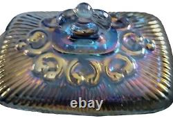 Indiana Iridescent Blue Windsor Carnival Glass Lidded Pedestal Candy Dish