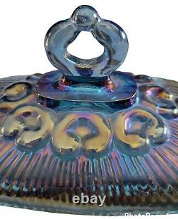 Indiana Iridescent Blue Windsor Carnival Glass Lidded Pedestal Candy Dish