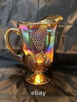 Indiana Iridescent Carnival Glass Blue Harvest Grape Large Footed Glass Pitcher