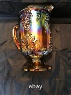 Indiana Iridescent Carnival Glass Blue Harvest Grape Large Footed Glass Pitcher