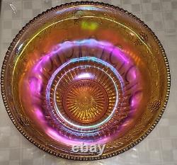 Indiana Iridescent Gold Carnival Glass Princess Grape & Leaf Punch Bowl Set