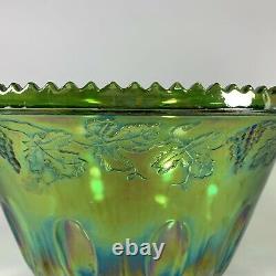 Indiana Iridescent Lime Green Carnival Glass Princess Punch Bowl & 12 Cups