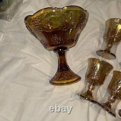 Indiana Marigold Iridescent Carnival Glass BOWL/PITCHER GOBLET SET Harvest Grape