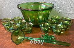 Indiana Princess Lime Green Carnival Glass 26 pc Punch Set Bowl Cups Hooks Ladle