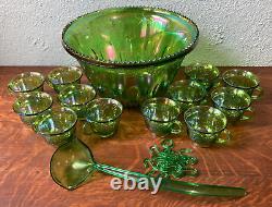 Indiana Princess Lime Green Carnival Glass 26 pc Punch Set Bowl Cups Hooks Ladle