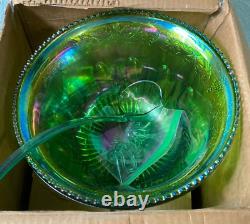 Indiana Princess Lime Green Carnival Glass 26 pc Punch Set Bowl Cups Hooks Ladle