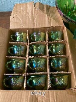 Indiana Princess Lime Green Carnival Glass 26 pc Set Bowl Cups Hooks Ladle BOXED