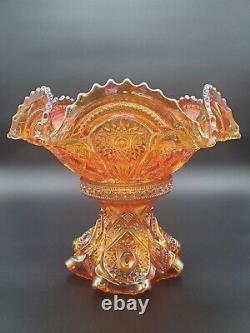 Iridescent Amber Hobstar Carnival Glass Punch Bowl and Pedestal