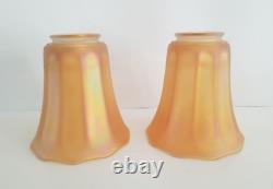 Iridescent Amber Marigold Carnival Glass Fluted Bell-Shaped Shades Pair Orange