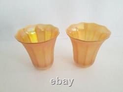 Iridescent Amber Marigold Carnival Glass Fluted Bell-Shaped Shades Pair Orange