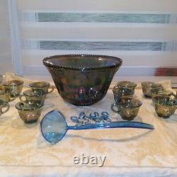 Iridescent Blue Carnival Glass 36 piece Princess Punch Bowl Set 24 cups Ladle