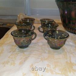 Iridescent Blue Carnival Glass 36 piece Princess Punch Bowl Set 24 cups Ladle