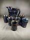 Iridescent Blue Carnival Glass Peacock Fountain Water Pitcher & 6 Tumbler 4377