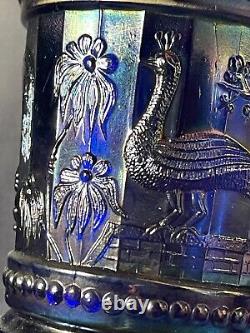 Iridescent Blue Carnival Glass Peacock Fountain Water Pitcher & 6 Tumbler 4377