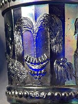 Iridescent Blue Carnival Glass Peacock Fountain Water Pitcher & 6 Tumbler 4377