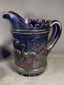 Iridescent Blue Carnival Glass Peacock Fountain Water Pitcher & 6 Tumbler 4377