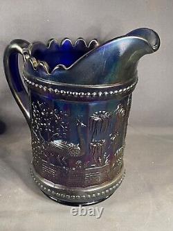 Iridescent Blue Carnival Glass Peacock Fountain Water Pitcher & 6 Tumbler 4377