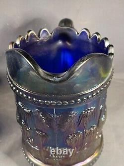 Iridescent Blue Carnival Glass Peacock Fountain Water Pitcher & 6 Tumbler 4377