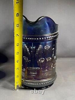 Iridescent Blue Carnival Glass Peacock Fountain Water Pitcher & 6 Tumbler 4377