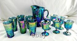 Iridescent Blue Harvest Grapes Carnival Glass Pitcher with 6 Goblets & 6 Tumblers