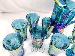 Iridescent Blue Harvest Grapes Carnival Glass Pitcher with 6 Goblets & 6 Tumblers