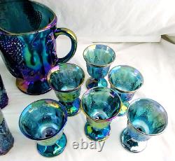 Iridescent Blue Harvest Grapes Carnival Glass Pitcher with 6 Goblets & 6 Tumblers