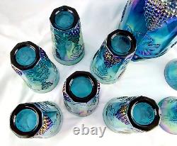 Iridescent Blue Harvest Grapes Carnival Glass Pitcher with 6 Goblets & 6 Tumblers