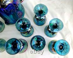 Iridescent Blue Harvest Grapes Carnival Glass Pitcher with 6 Goblets & 6 Tumblers